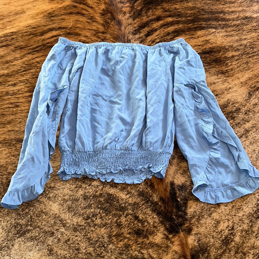Light Blue Off-Shoulder Ruffle-Smock Women's Top